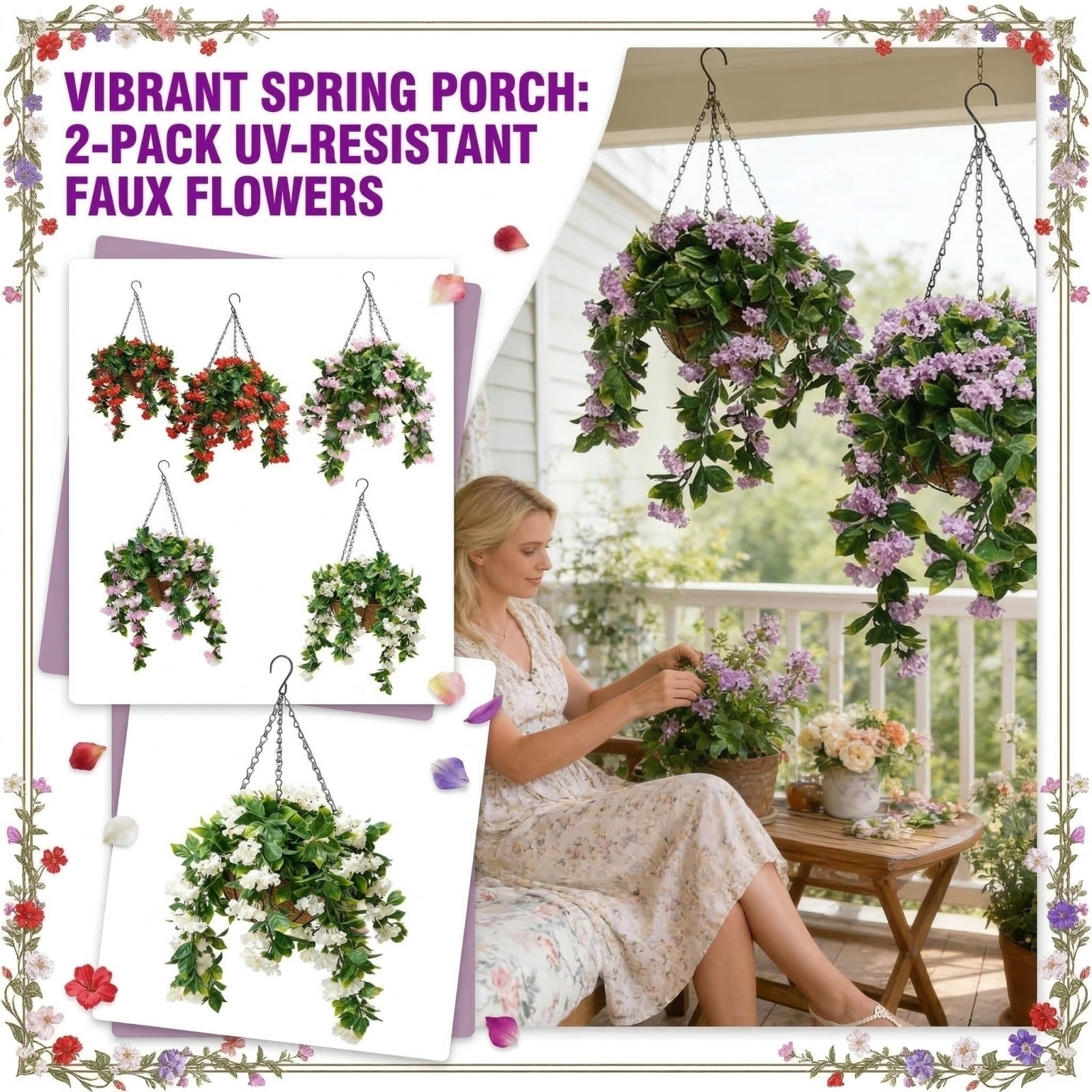 2 Pack Artificial Hanging Flowers for Outdoors, Fake Violet with Hanging Basket, UV Resistant Faux Hanging Plants for Porch Patio Yard Decor