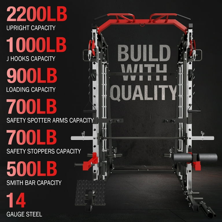 Mikolo Smith Machine Home Gym 2200 lbs Power Rack Cage with Cable Crossover Weight Bar 360 Landmine Barbell Holders and Other Attachments Total
