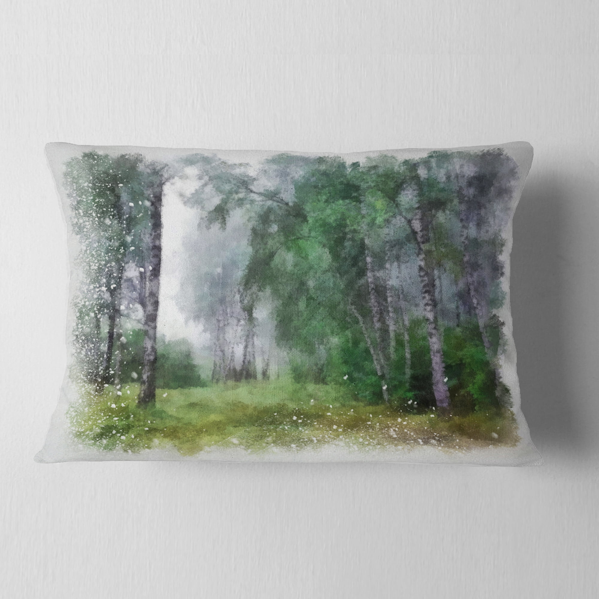 Designart Green Forest Watercolor Drawing - Landscape Printed Throw Pillow - 12x20