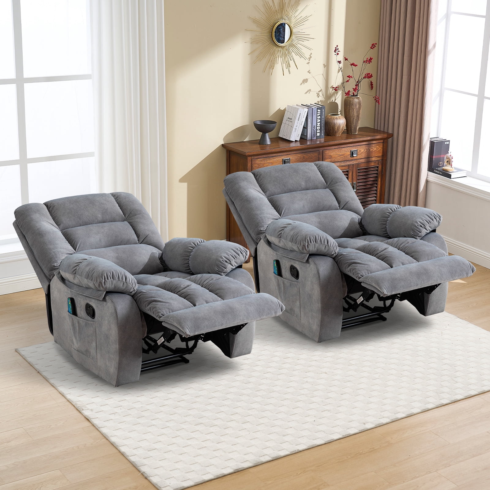 Bonzy Home Manual Recliner Chair with Massage and Heat Overstuffed Fabric Metal frame Manual Reclining Chair Sofa for Living Room
