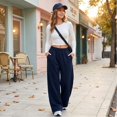 thumbnail image 5 of Sorvello Womens Solid High Rise Wide Leg Lounge Pants Elastic Pull On Waist Side Pockets Full Length Casual Sweatpants Navy 2XL, 5 of 6