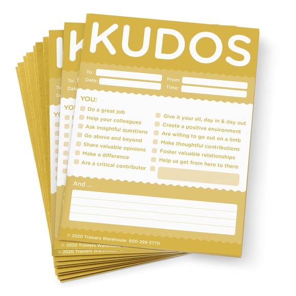 Trainers Warehouse Kudos for Teams Juego de 10 blocs de notas (dorado) | Inteligente y colorido: reconozca contribuciones grandes o pequeñas e inspire esfuerzos continuos | 4"" ancho x 5.5"" largo