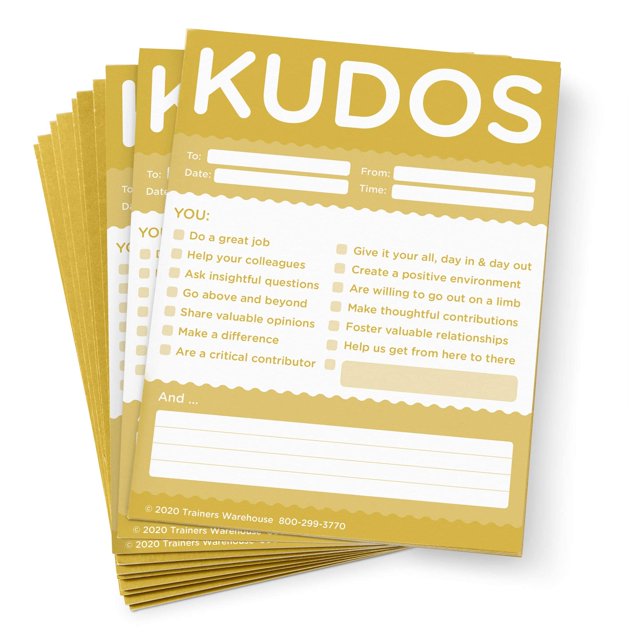 Trainers Warehouse Kudos for Teams Juego de 10 blocs de notas (dorado) | Inteligente y colorido: reconozca contribuciones grandes o pequeñas e inspire esfuerzos continuos | 4"" ancho x 5.5"" largo