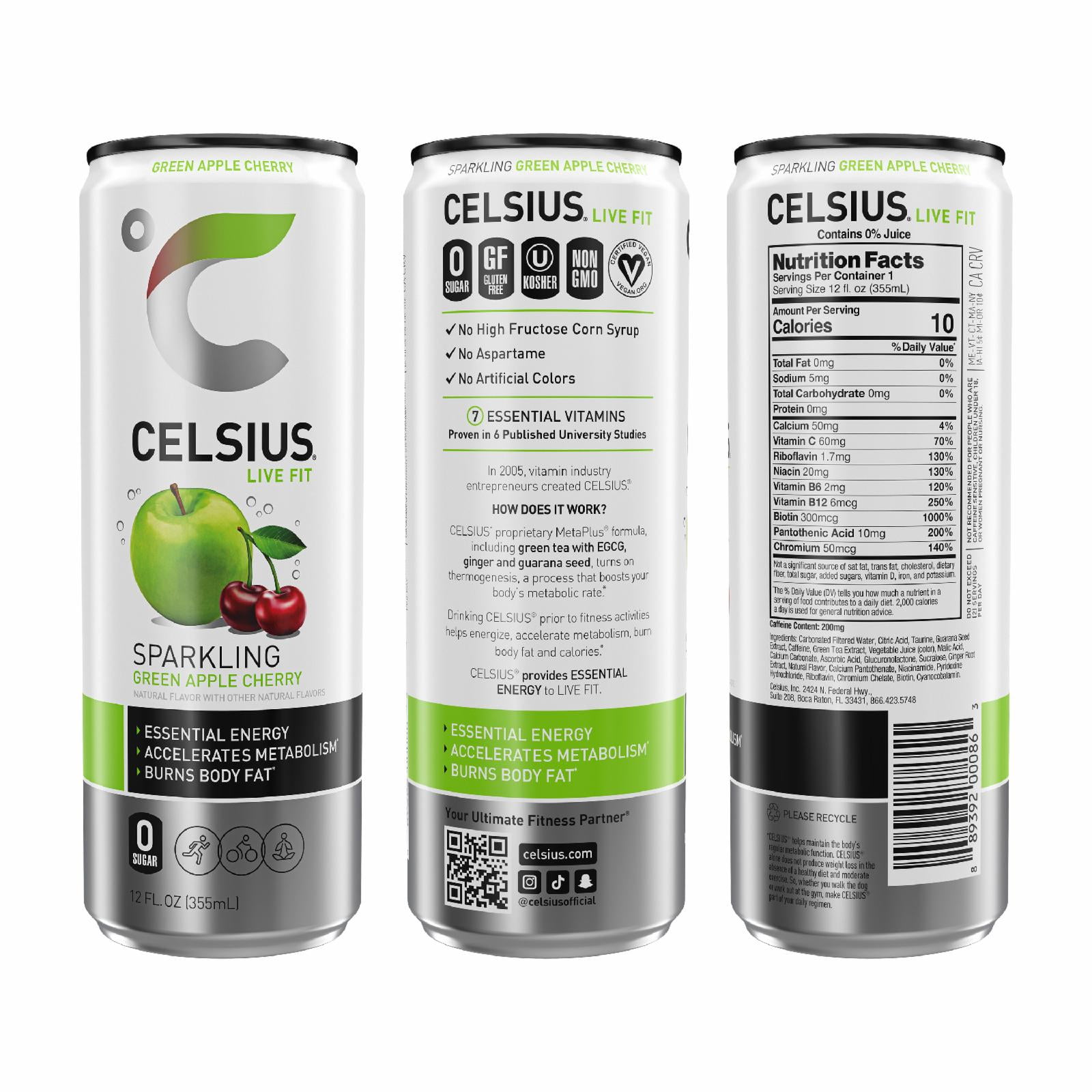 (5 pack) CELSIUS Sparkling Green Apple Cherry, Functional Energy Drink 12 fl oz Single Can