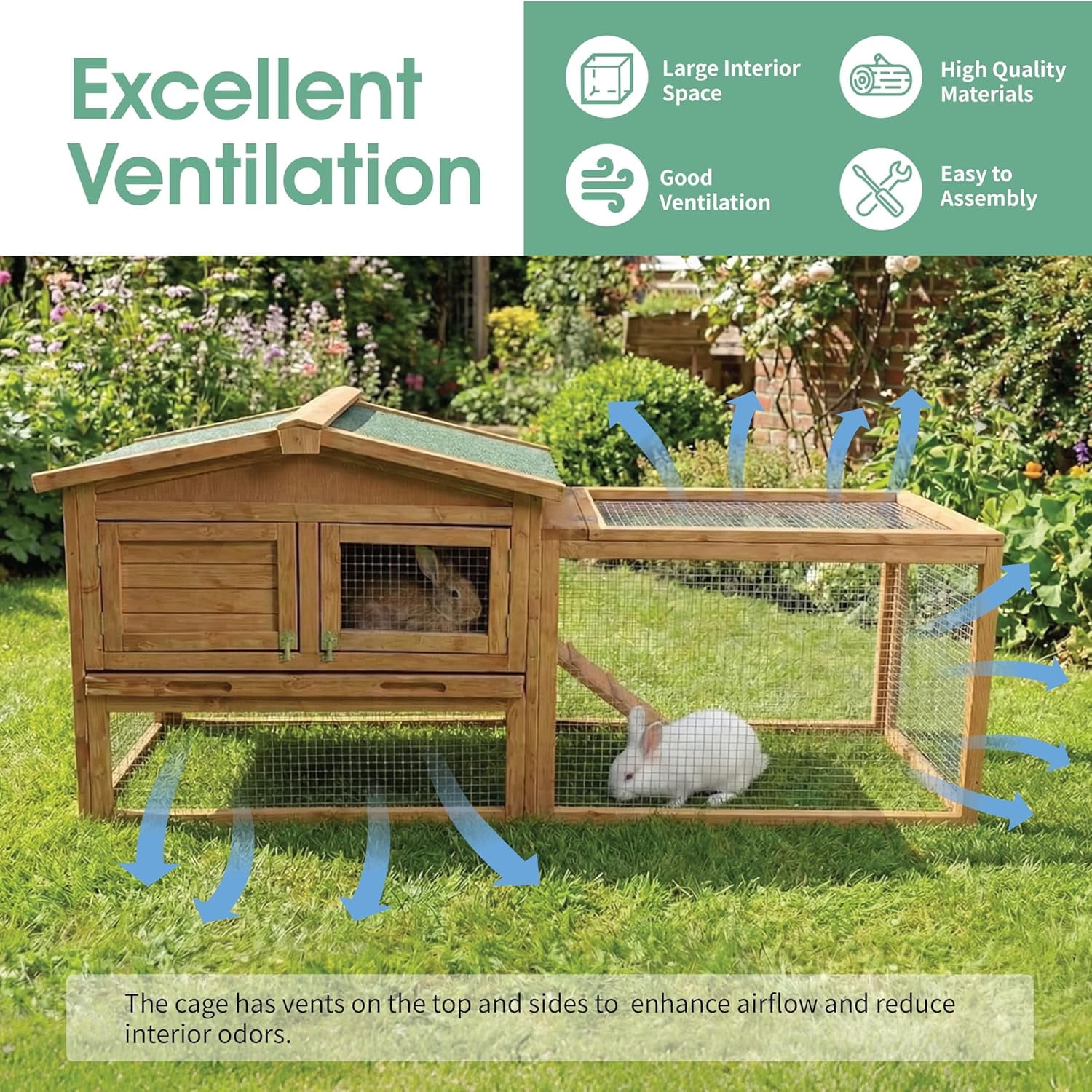 2-Story Rabbit Hutch  Indoor and Outdoor,Weatherproof Bunny Cage with Anti-Chew Metal Frame Ramp&Pull-Out No-Leak Trays for Small Animals