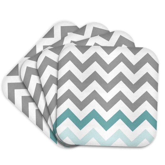 3drose, Grey Chevron with Mint Turquoise Zig Zag Accent Gray Zigzag Pattern, Set of 4 Coasters - Soft