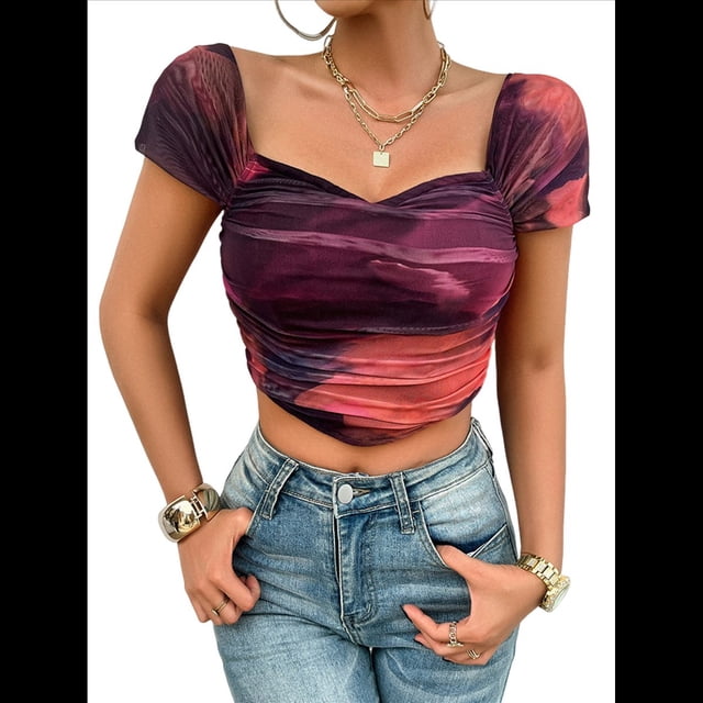Camisetas Asimétricas con Cuello Cuadrado y Efecto Tie-Dye para Mujer, Blusas Casuales de Corta Fruncidas Oscuro S