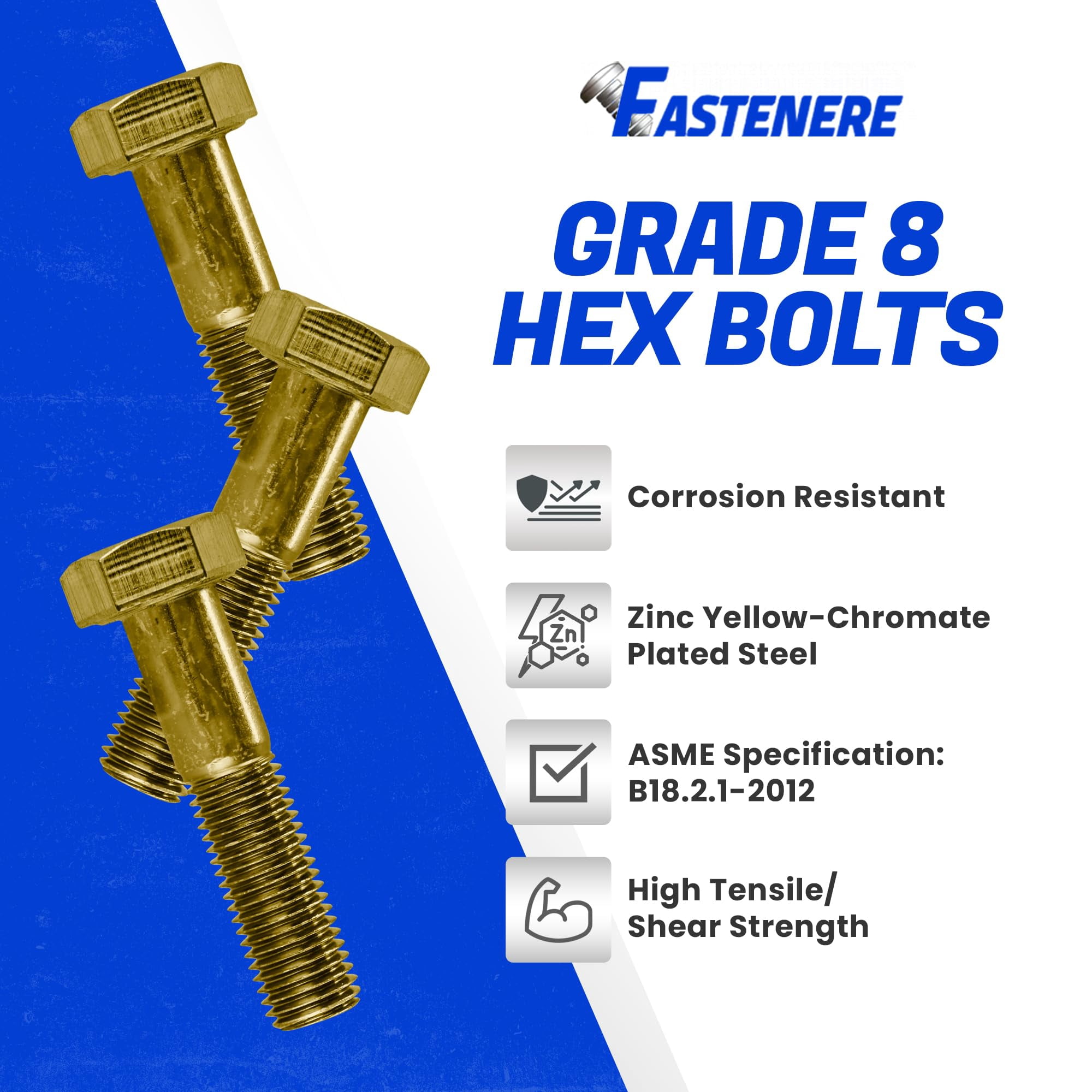 Fastenere 5/16"-24 x 1-3/4" Hex Bolts Grade 8 Zinc Yellow-Chromate Plated Steel, Partial Threaded Durable Hex Bolts for Machinery & Construction, Rust-Resistant, Heavy-Duty Fasteners, Pack of 25