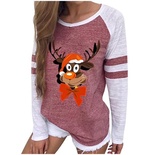 Camisas Navideñas Para Mujer Tops de Manga Larga Estampado Patchwork Cuello Redondo Blusa Informal Odeerbi ODB209595