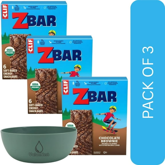 3 Pack Of CLIF Kid Zbar Chocolate Brownie Soft Baked Organic Granola Bars, 6ct Box – Healthy Snack Bars with Wholesome Ingredients, With Olive Green Bowl By ValueNest