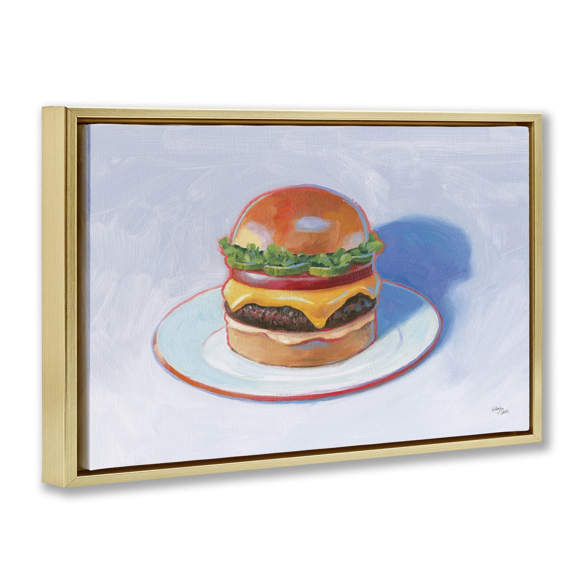 Stupell Industries Burger on Plate Food & Beverage Painting Gold Floater Framed Canvas Art Print Wall Art, 25 x 17