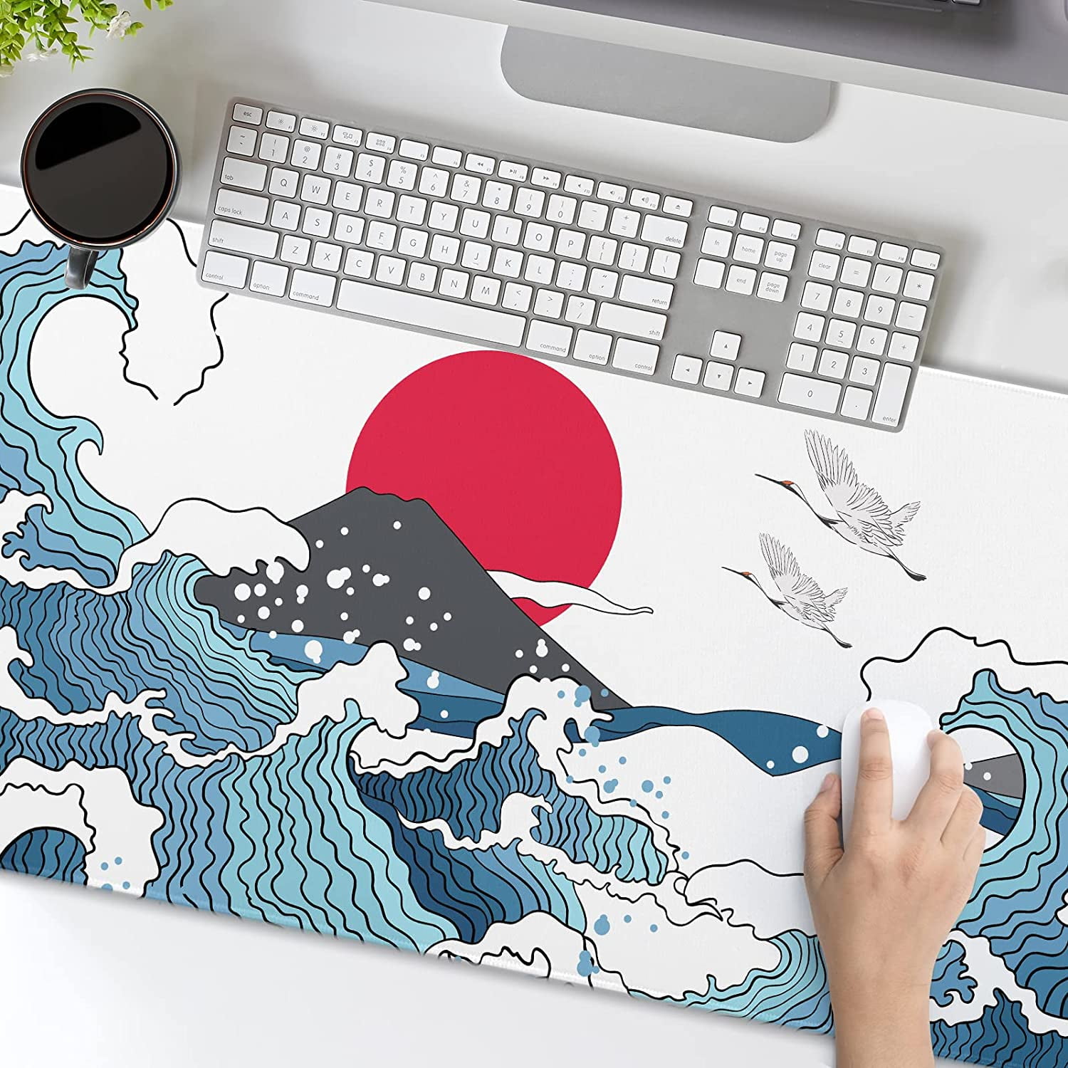 Japanese White and Blue Wave Mouse Pad 35.4 X 15.7 Inch Crane Hill Red Sun Extended Large Cool Mouse Mat Non-Slip Rubber Base Mousepad with Stitched Edges Waterproof Desk Pad for Gaming&Home Office,XL