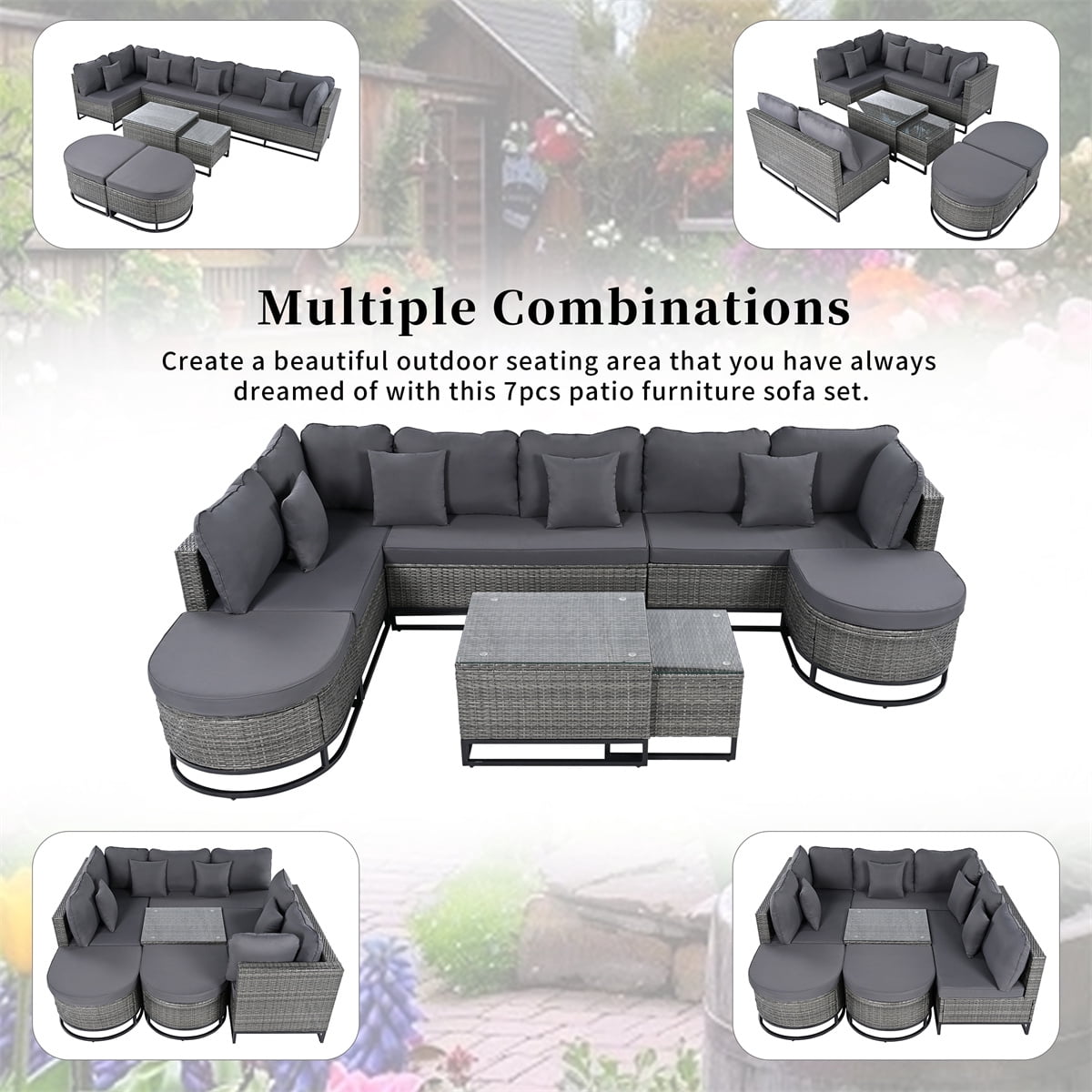 HighSound 7 Piece Patio Furniture Set, All-Weather Outdoor Wicker Sectional Conversation Sofa Rattan Patio Seating Sofa with Cushion, Glass Tables and Ottomans for Porch Poolside, Gray