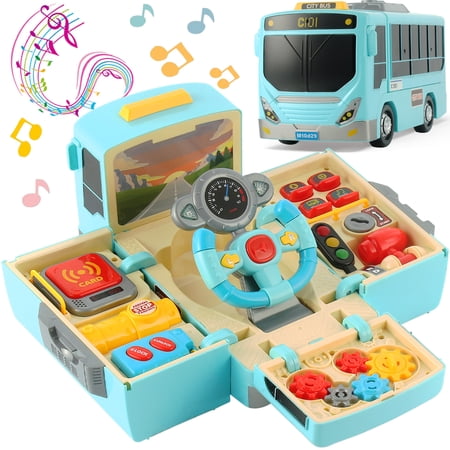 Bus Toy with Sound and Light Simulation Steering Wheel Gear Toy Toddlers Bus Toys with Music Education Knowledge Simulation Driving Bus Toys Gift for 1-3-5 Boys & Girls