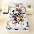 thumbnail image 3 of Homewish Floral Halloween Skull Twin Sheets,Colorful Butterfly Daisy Print Bedding,White Multicolor,3-Piece,1 Fitted Sheet and 1 Pillowcase, 3 of 6