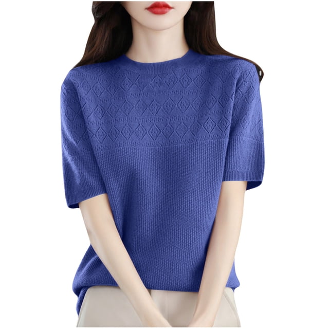 FAIWAD Womens Short Sleeve Ribbed Sweater Round Neck Basic Pullover Tops Lightweight Casual Sweaters
