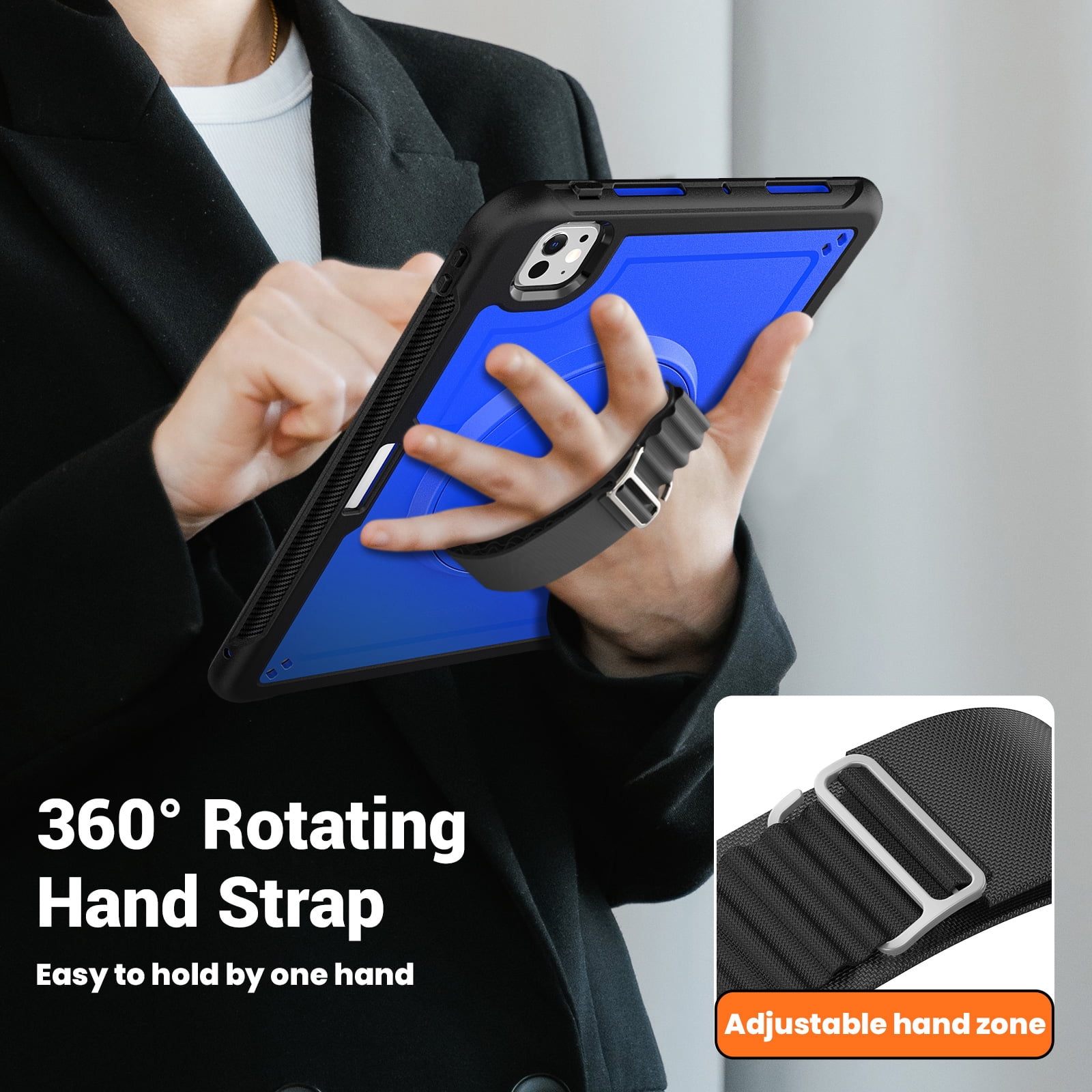 ELEHOLD Case for Apple iPad Pro 11 2024,Soft TPU Rugged Durable Case with 360° Rotating Hand Strap & Foldable Hidden Stand & Pencil Holder,Darkblue