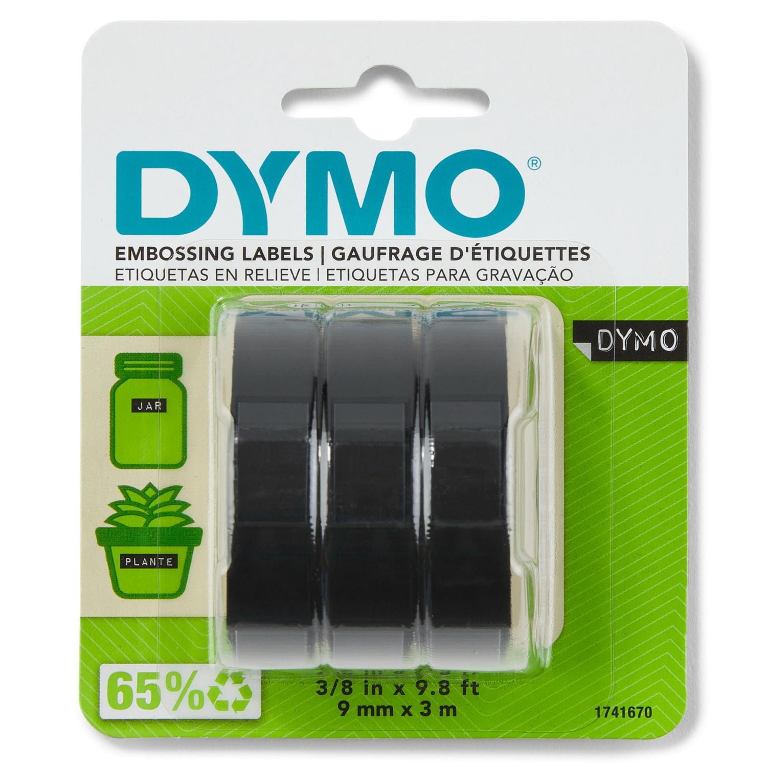 DYMO Self-Adhesive Embossing Labels, White Print on Black Tape, 3/8" x 9.8-Foot Roll, 3 Count