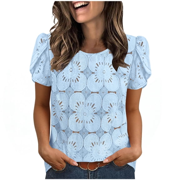 Elegant Blouses for Women Dressy Casual Petal Short Sleeve Shirts Crochet Lace Boho Tops Fashion Summer Outfits