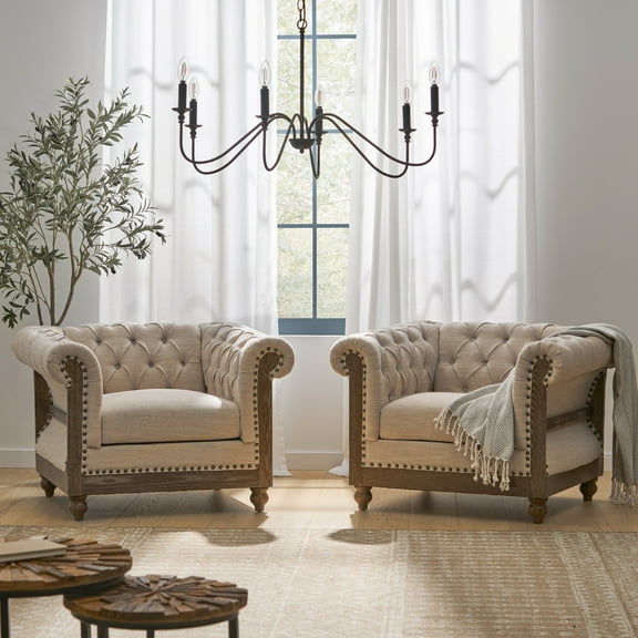 Noble House Petes Fabric Chesterfield Tufted Club Chairs, Set of 2, Beige and Dark Brown