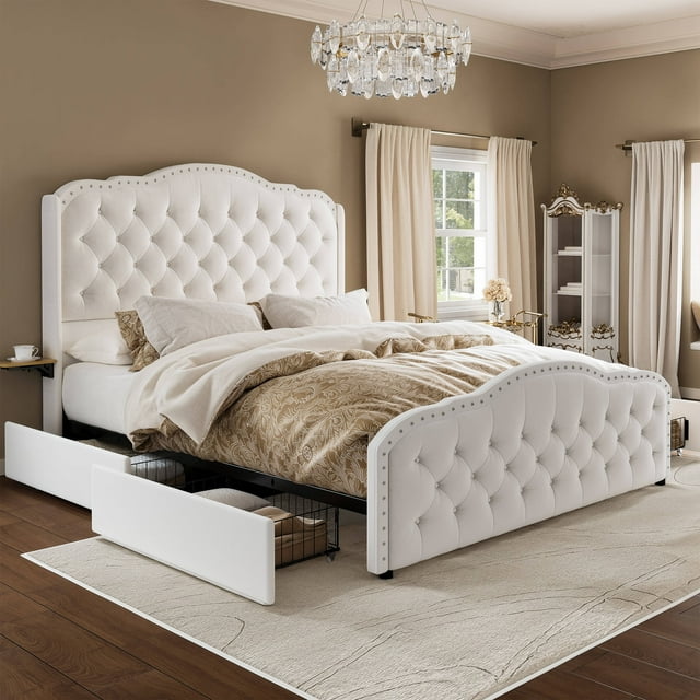 GUNAITO Cadre de Lit Format Grand avec 4 Tiroirs de Rangement, Lit Plateforme Rembourré en Velours avec Tête de Lit à Boutons Style Aile et Tablette de Rangement de Chevet, Blanc