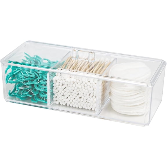 Xuet Clear Bathroom Dresser Organizer - Cotton Ball Swab Holder with 3 Divided Compartments&Lid, , Waterproof Transparent Small Plastic Storage Containers, Vanity Makeup Organization