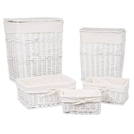 Teak Rectangular Stacking Box BIRDROCK HOME Woven Willow Baskets with Liner | Set of 5 | Rectangular Hampers and Storage Bins with Lids | Decorative Wooden Wicker Baskets | Organizer | White ()