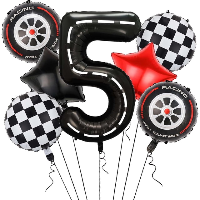 Race Car Balloons,40 Inch Racetrack Number 2 Balloon,Big Number Balloons Black for 0st Birthday Race Car Theme Party Decor Supplies 7 Pcs