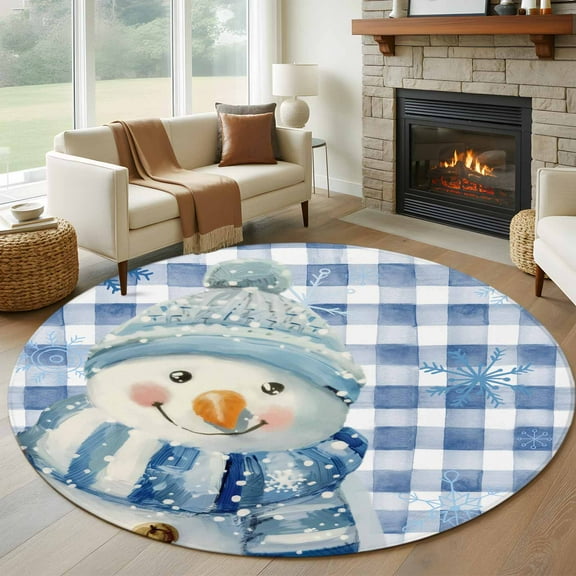 Blue Christmas Snowman Round Area Rug 5 FT, Non Slip Bedroom Area Rug, Winter Snowflake Xmas Plaid Washable Soft Circular Carpet Non-Shedding Floor Mat for Kitchen Dining Room Foyer Balcony Dorm