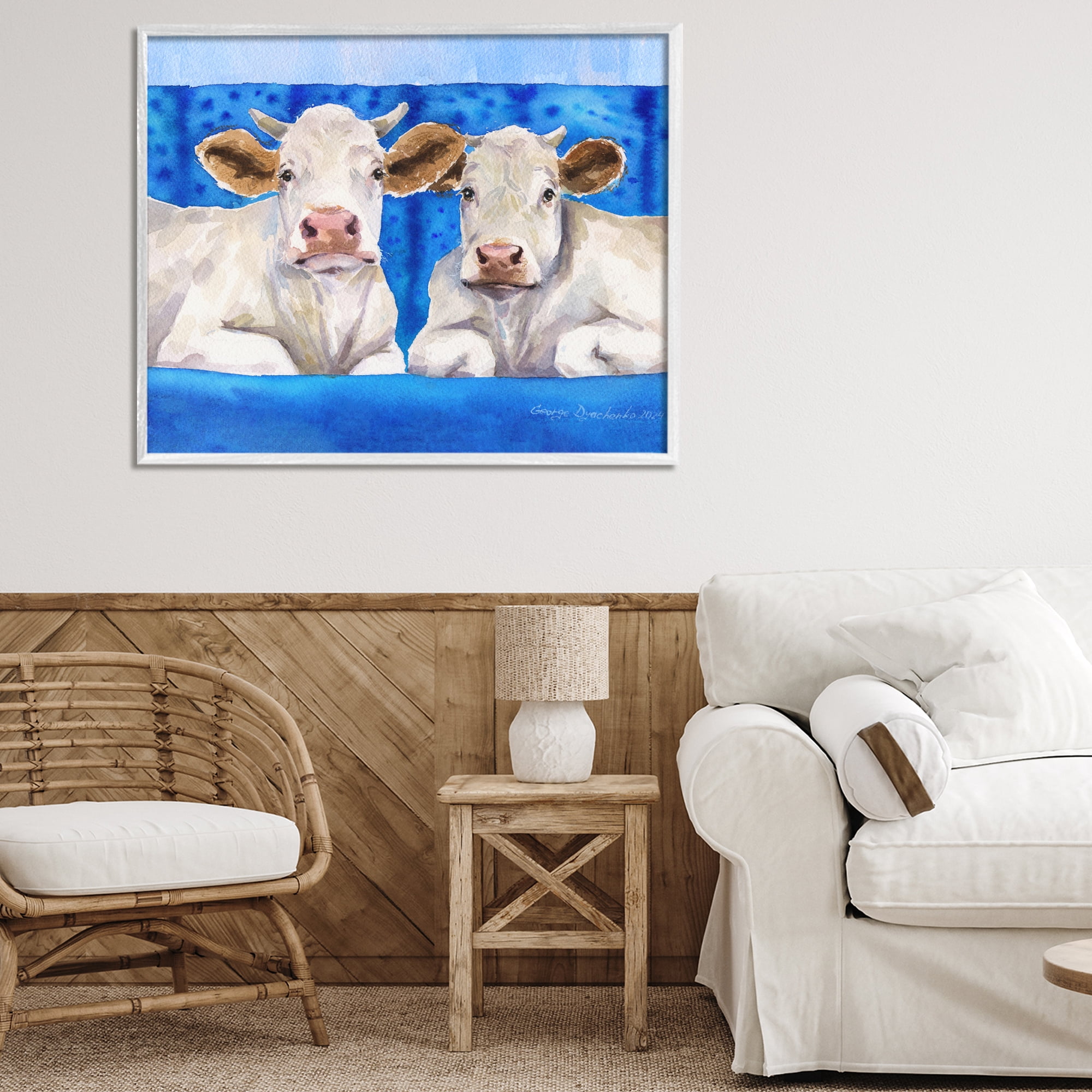 Stupell Industries White Cows on Blue Sofa White Framed Giclee Art, design by George Dyachenko