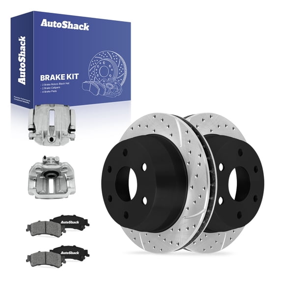 AutoShack Rear Vented Drilled & Slotted E-Coated Brake Rotors   Ceramic Pads   Calipers 8-PC Brake Kit Replacement for 2003 GMC Sierra 1500 ShadowGuard 12.99" (330 mm)