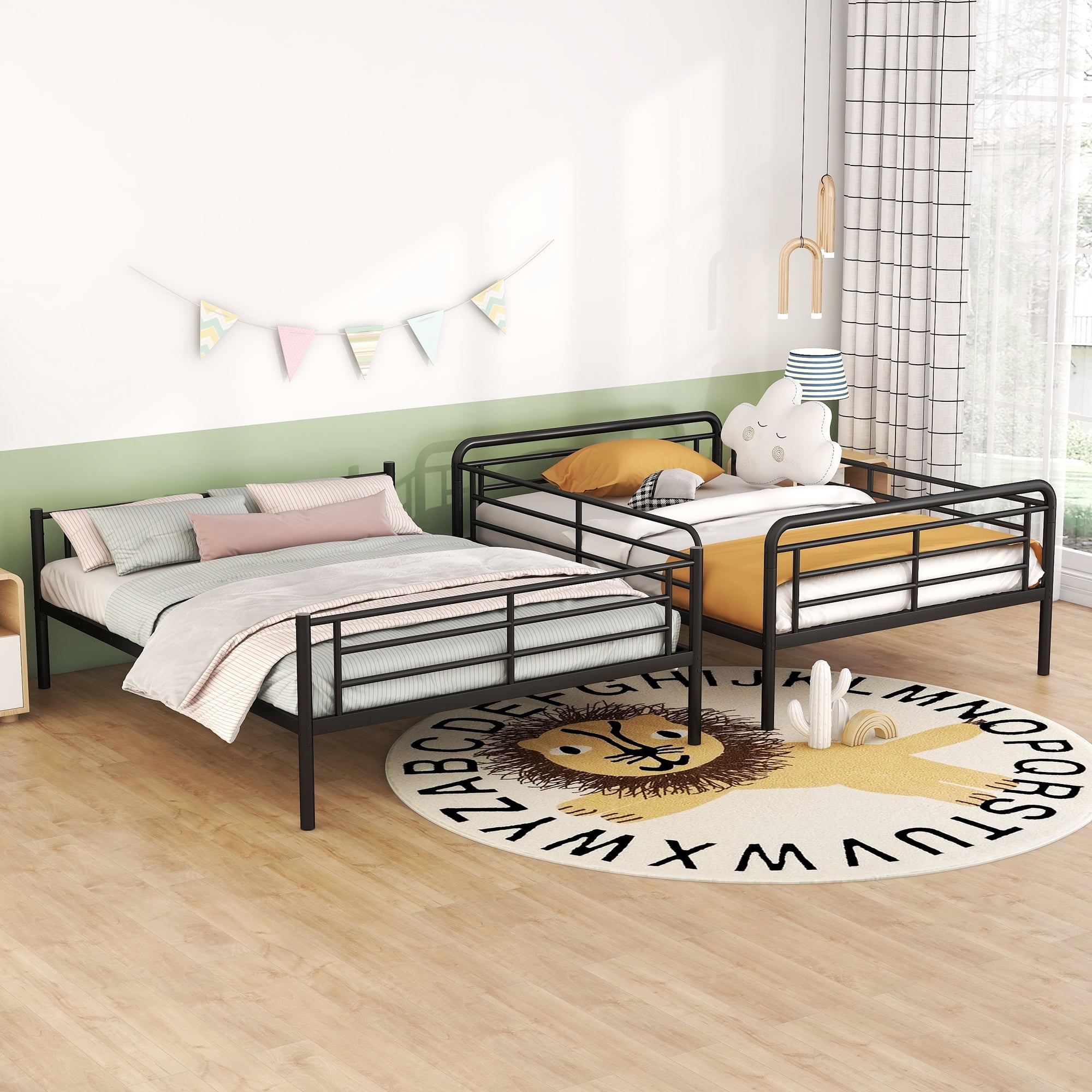 Full XL Over Queen Bunk Bed,Heavy Duty Metal Bed Frame Sturdy Guard Rail for Kids/Adults,Can be Divided Into Two Beds,Black