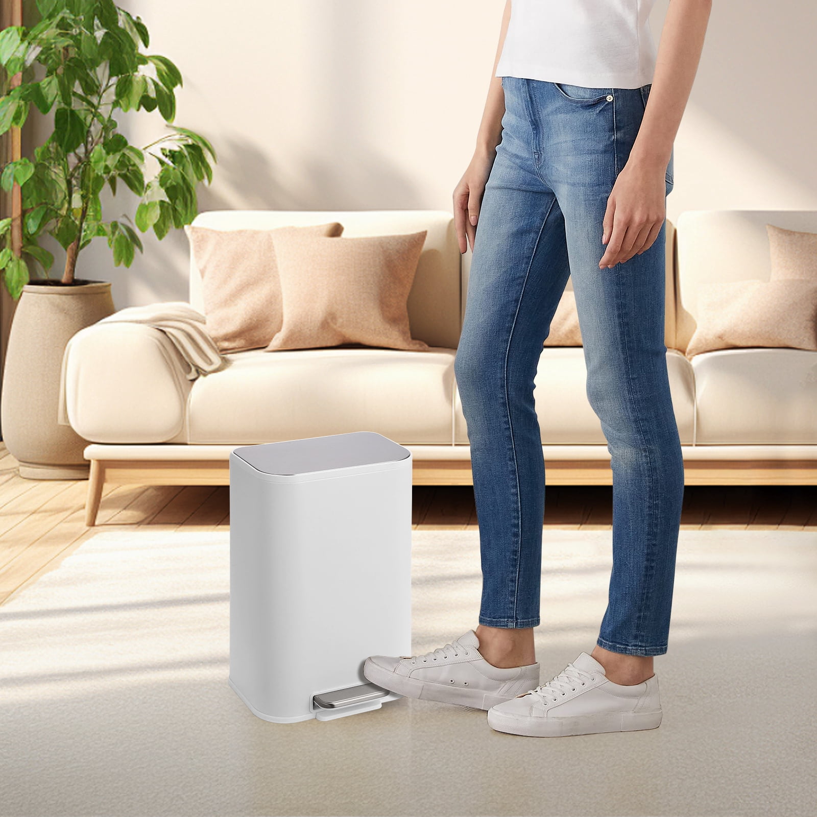 Kitchen Trash Can, Stainless Steel Garbage Can With Soft-Close Lid, Foot Pedal and Removable Inner Basket, Rectangular Small Step Waste Bin for Office Bedroom Bathroom Living Room