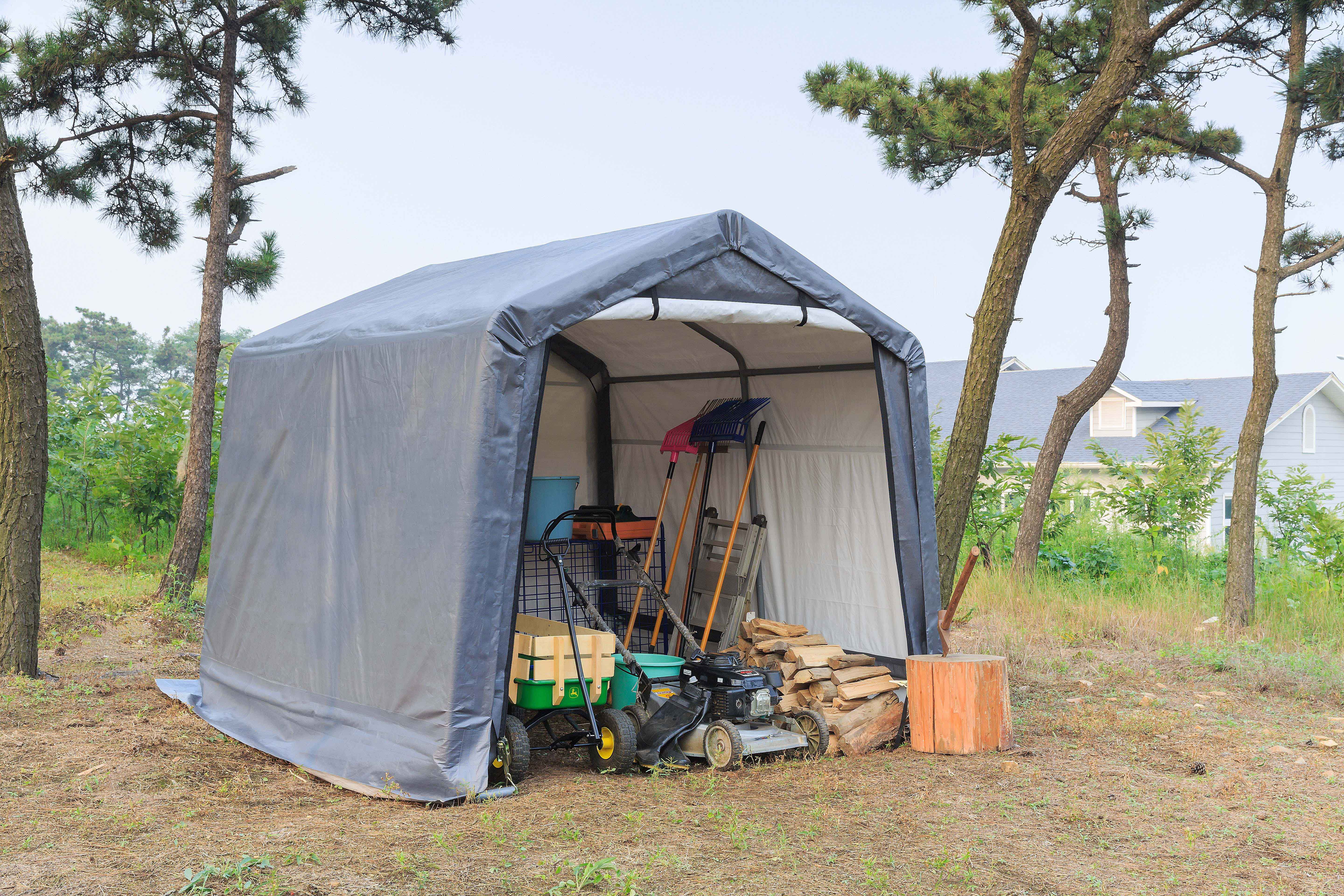 Weatherfast 8'x8'x7' All Season Steel Frame Peak Roof Outdoor Storage Garden Shed with Waterproof Gray Cover and Heavy Duty Anchors