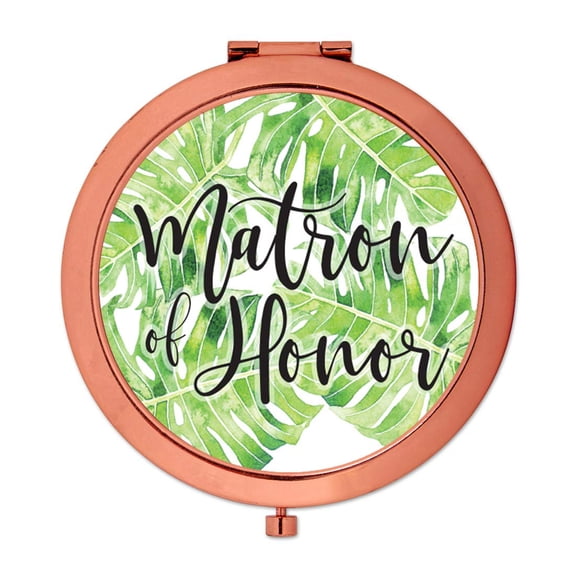 Koyal Wholesale Compact Mirror Matron of Honor Wedding Gift, Rose Gold, Tropical Monstera Palm Leaves, 1-Pack