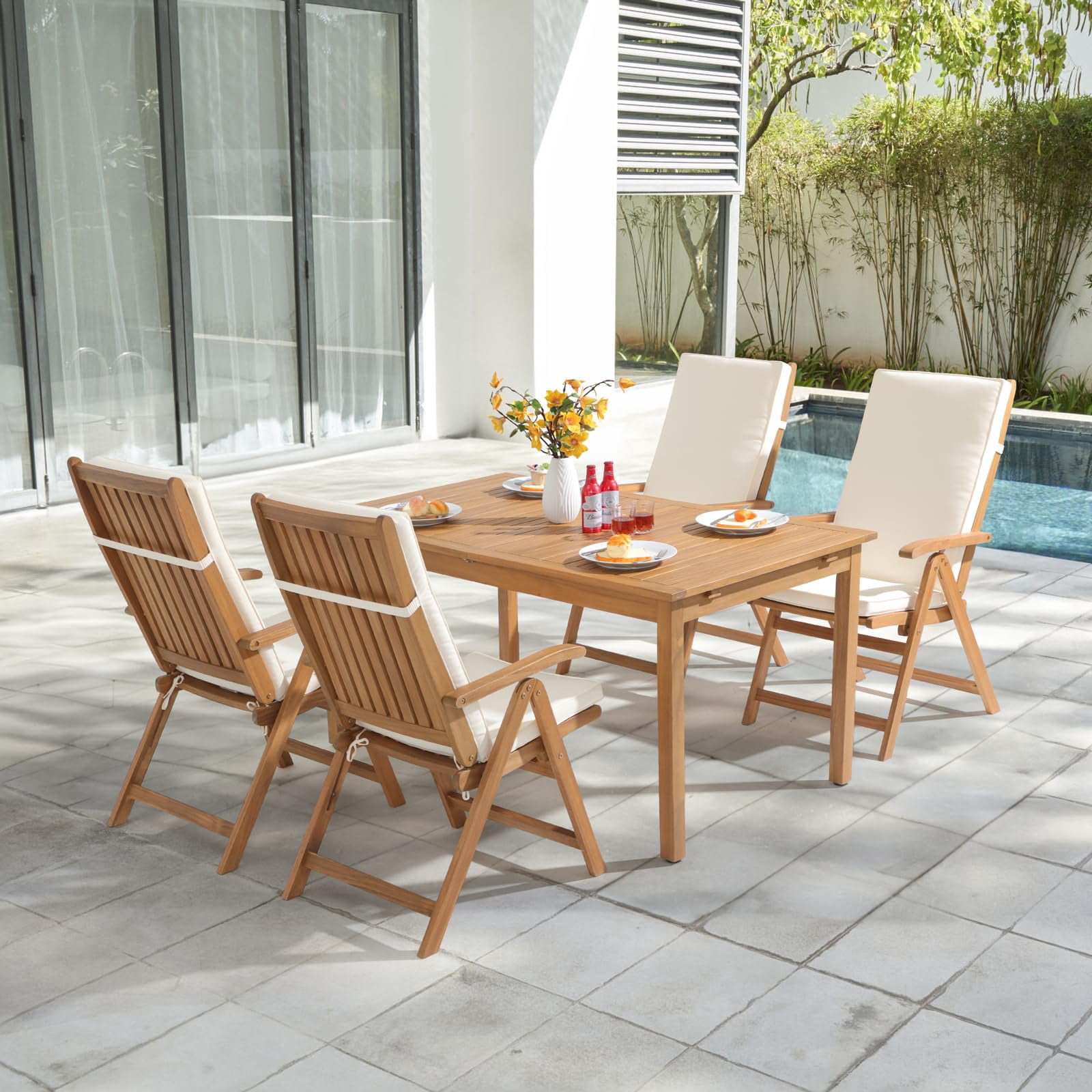 JOIVI Folding Patio Dining Chair Set of 2, Outdoor Acacia Wooden Reclining Chair w/Armrest & Removeable Cushion, FSC Certified Wood, for Porch, Backyard, Garden, Indoor, No Assembly