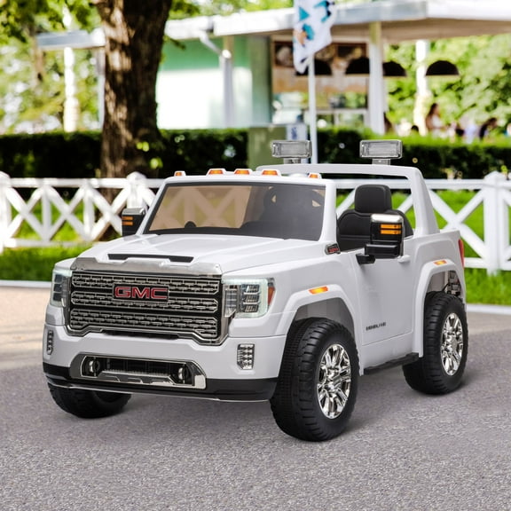 Aosom 12V GMC Sierra HD Licensed Ride on Truck, Battery Powered Electric Car for Kids w/ Remote Control, Headlights & Four Wheel Suspension, White