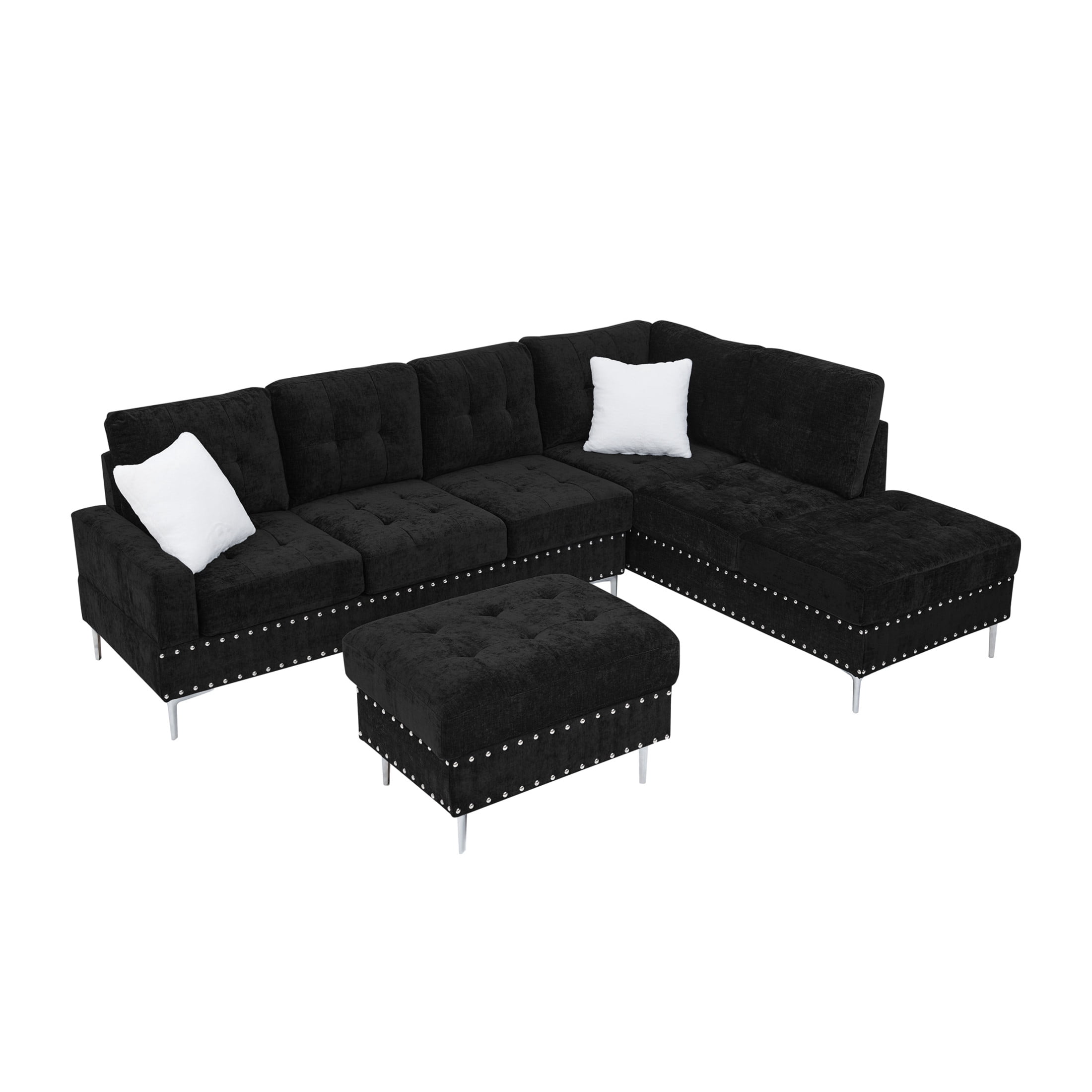Noble House 102" L-Shaped Tufted Sectional Sofa, Chenille 3-Seater Couch with Storage Ottoman and White Pillows, Black