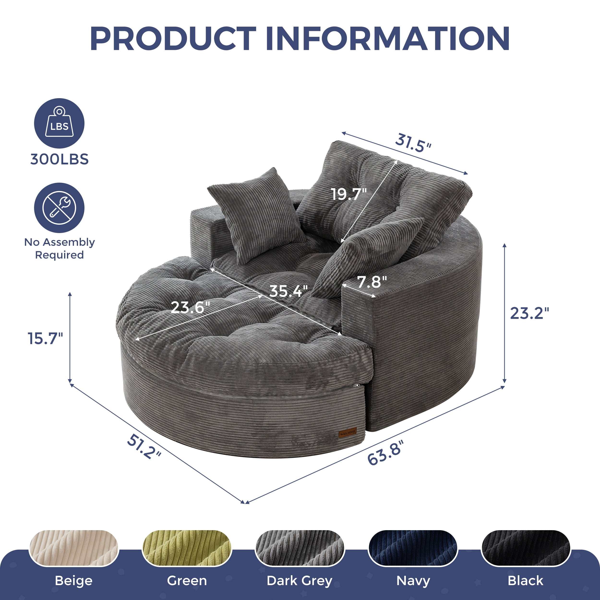 BYBYME 49''Round Chaise Lounge Chair,Corduroy Sofa Bed With Deep Seat,Upholstered Boneless Chaise Indoor,Cozy Sleeper Couch for Living Room with Ottoman,DGrey