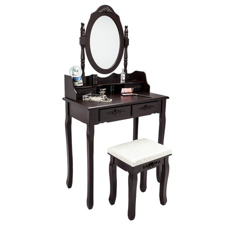 Large Round Tables JRFOTOO Vanity Table Set with Round Mirror 4 Large Sliding Drawers Makeup Dressing Table with Cushioned Stool, Brown ()