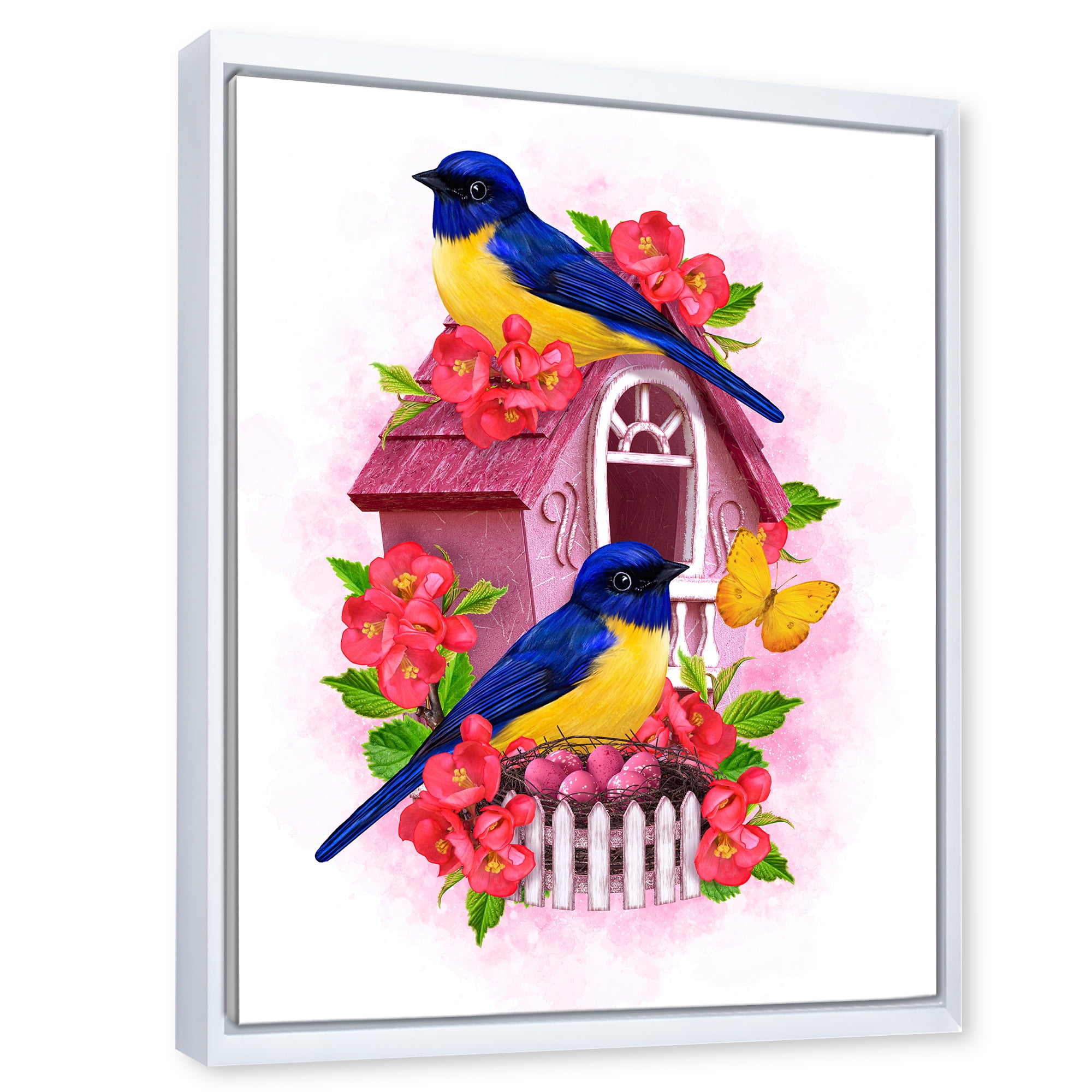 Designart 'Two Yellow and Blue Tit Birds Sitting Near The Nest' Traditional Framed Canvas Wall Art Print