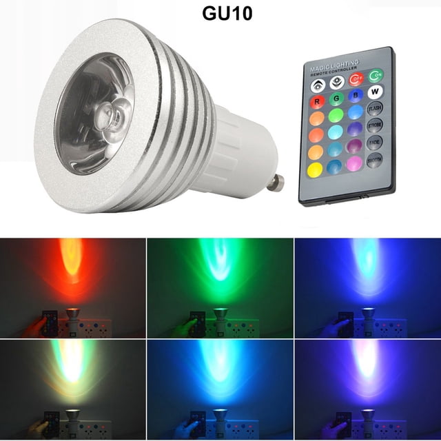 GU10 3W 16 Color LED RGB Light Bulb Lamp with wireless remote control, featuring 16 vibrant colors including red, green, blue, and white. The bulb is shown with its high-strength aluminum housing and remote control displaying color and mode options such as flash, strobe, fade, and smooth. Perfect for Christmas star lights, holiday decorations, parties, and home lighting.
