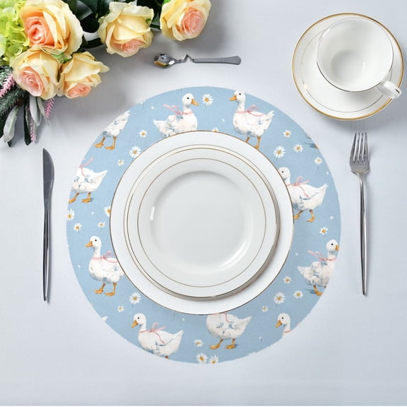 15.4" Round Placemat Set of 1 Polyester Fabric Place Mats Non-Slip Dining Kitchen Table Mats for Kitchen Party Decor Small Geese and Daisies