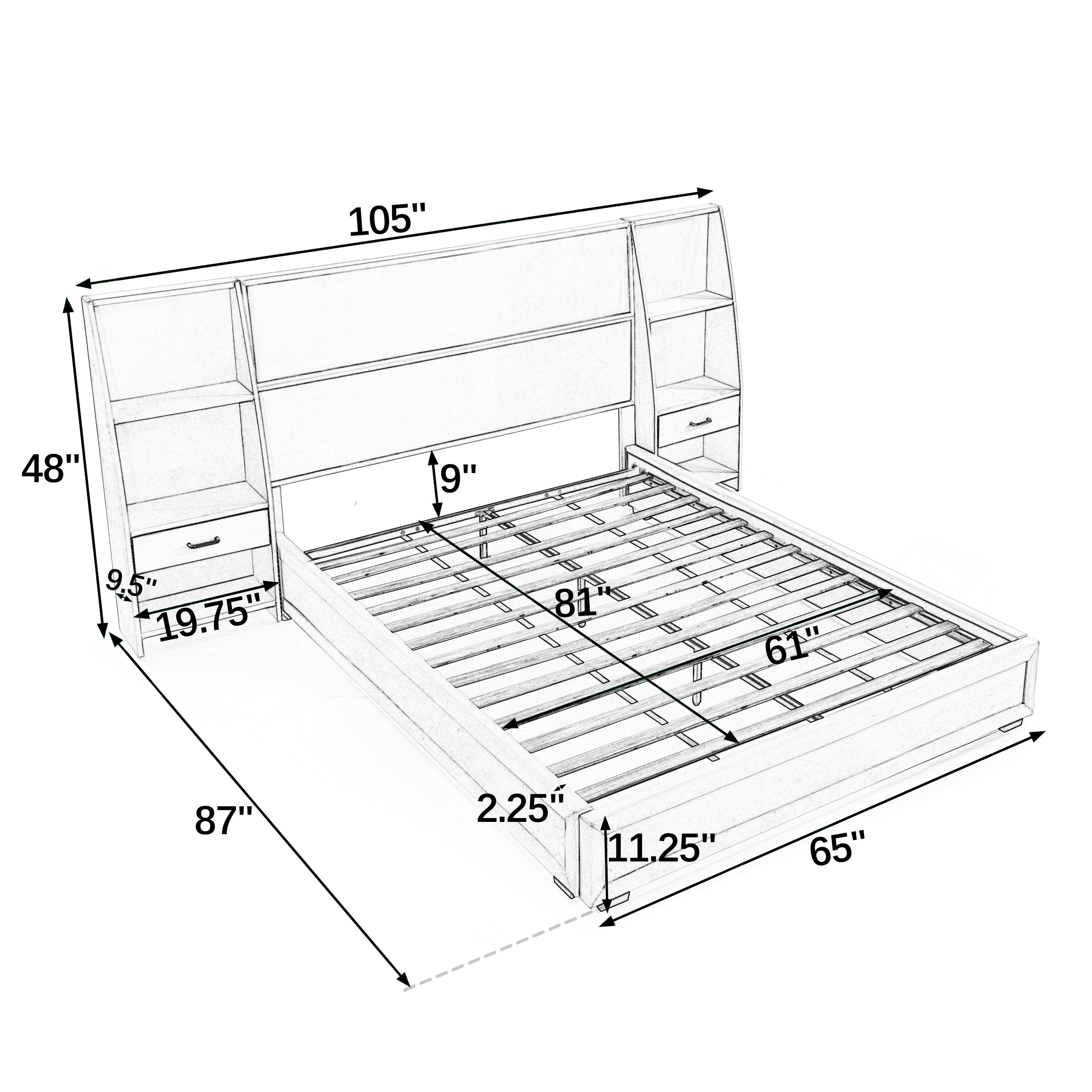 Howcool Queen Size Upholstered Platform Bed Frame with Storage Drawers,Glossy Velvet Headboard and Side Bookcases,Black