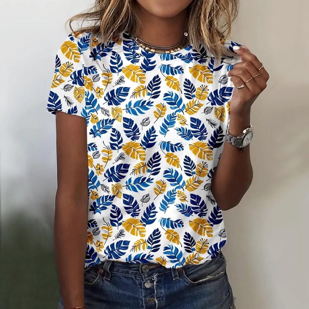 Puntoco Liquidación de blusas cortas para mujer Blusas estampadas de moda para mujer Camiseta de manga corta Cuello redondo