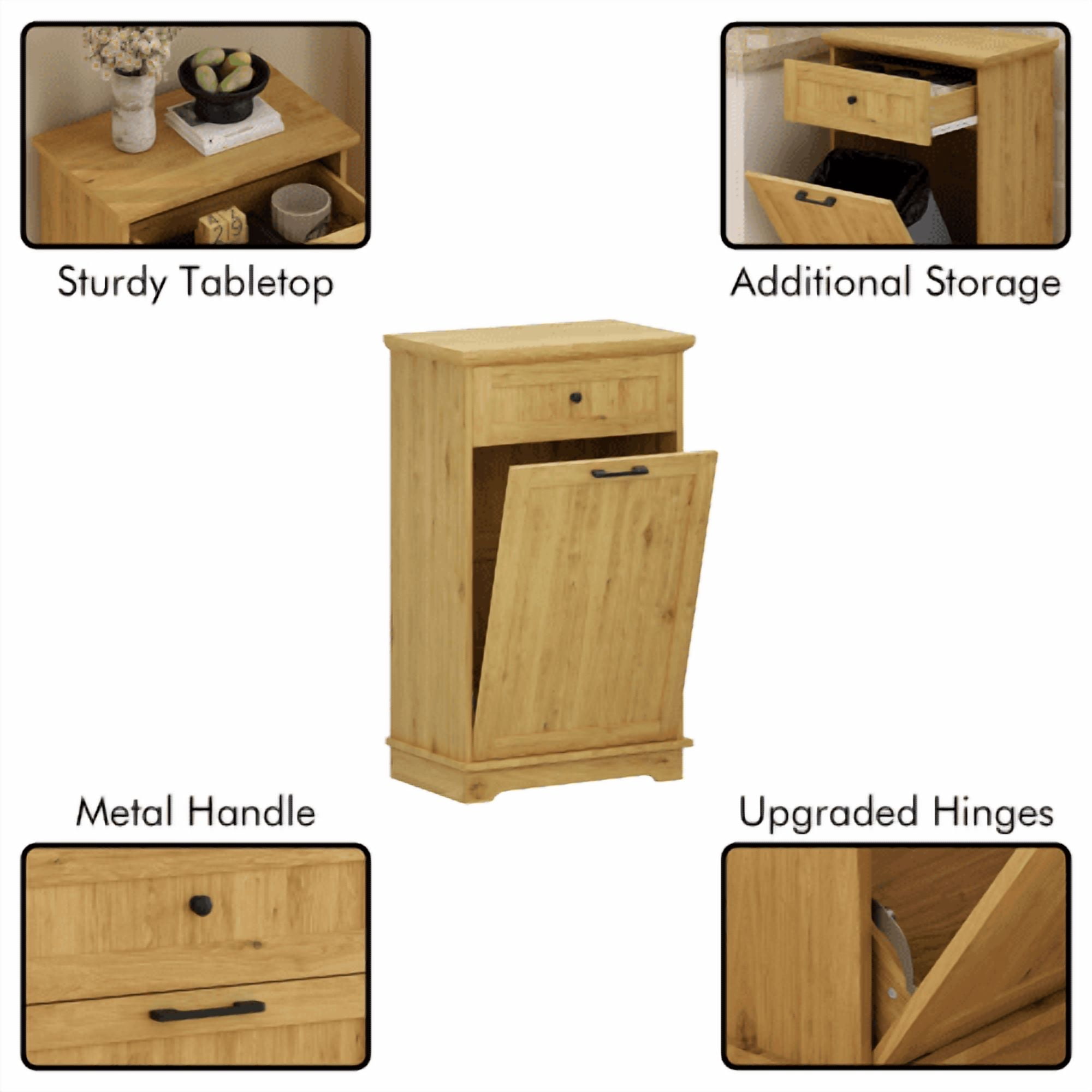 10 Gallon Tilt Out Trash Cabinet, Freestanding Wooden Garbage Recycling Bin with Hideaway Drawer, Pet Proof Trash Can Holder for Kitchen Living Room, Natural (Trash Can Not Included)