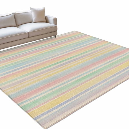 Colorful Stripes 2.7x5ft Non Slip Area Rug Watercolor Rainbow Farmhouse Vintage Linen Washable Soft Area Rugs for Living Room Indoor Circle Carpet for Bedroom Dining Room Kitchen