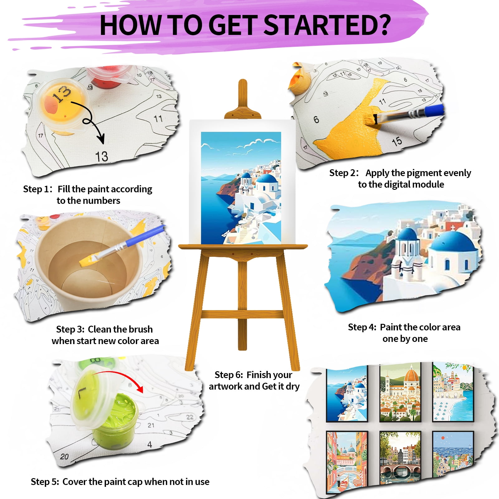 JYLMOOD DIY 6pcs/set Paint by Number for Adults, Easy Painting by Numbers for Gift Home Wall Decor 10x14in without Frame, Colored Canvas