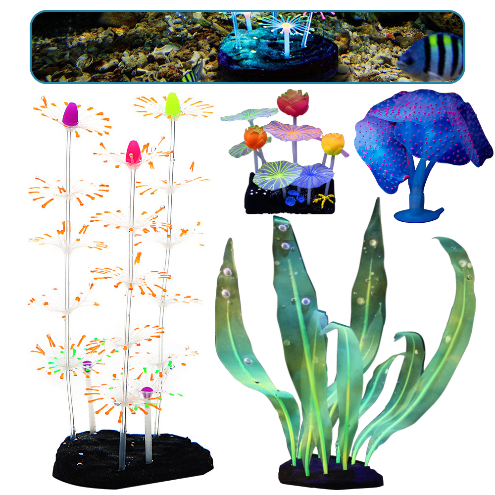 Glow Aquarium Decorations,Fish Tank Deco,Simulation Glow Plant Silicone for Fish Tank Decorations,Coral Reef,Anemone,Mushroom,Floating Plants,4 Pack