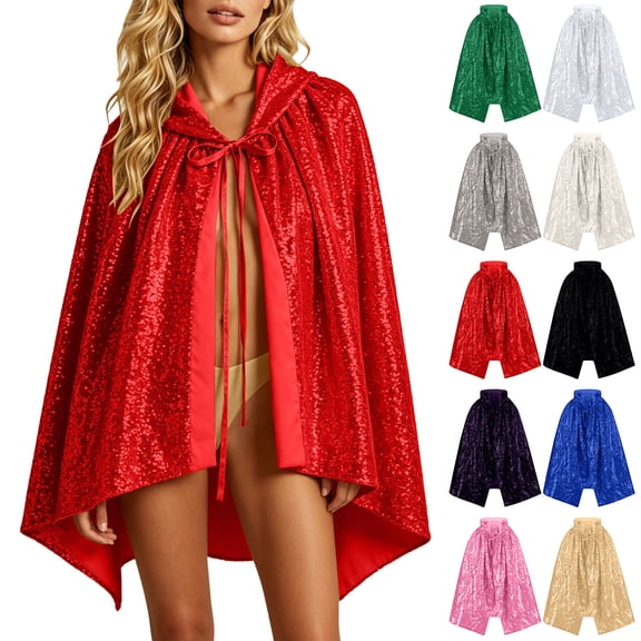 Sequin Sparkly Cape For Women, Front Tie Party Poncho, Halloween Festival Performance Outerwear Cloak